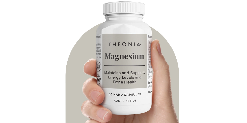 Bottle of Theonia Magnesium supplement, 60 capsules, for energy and bone health.